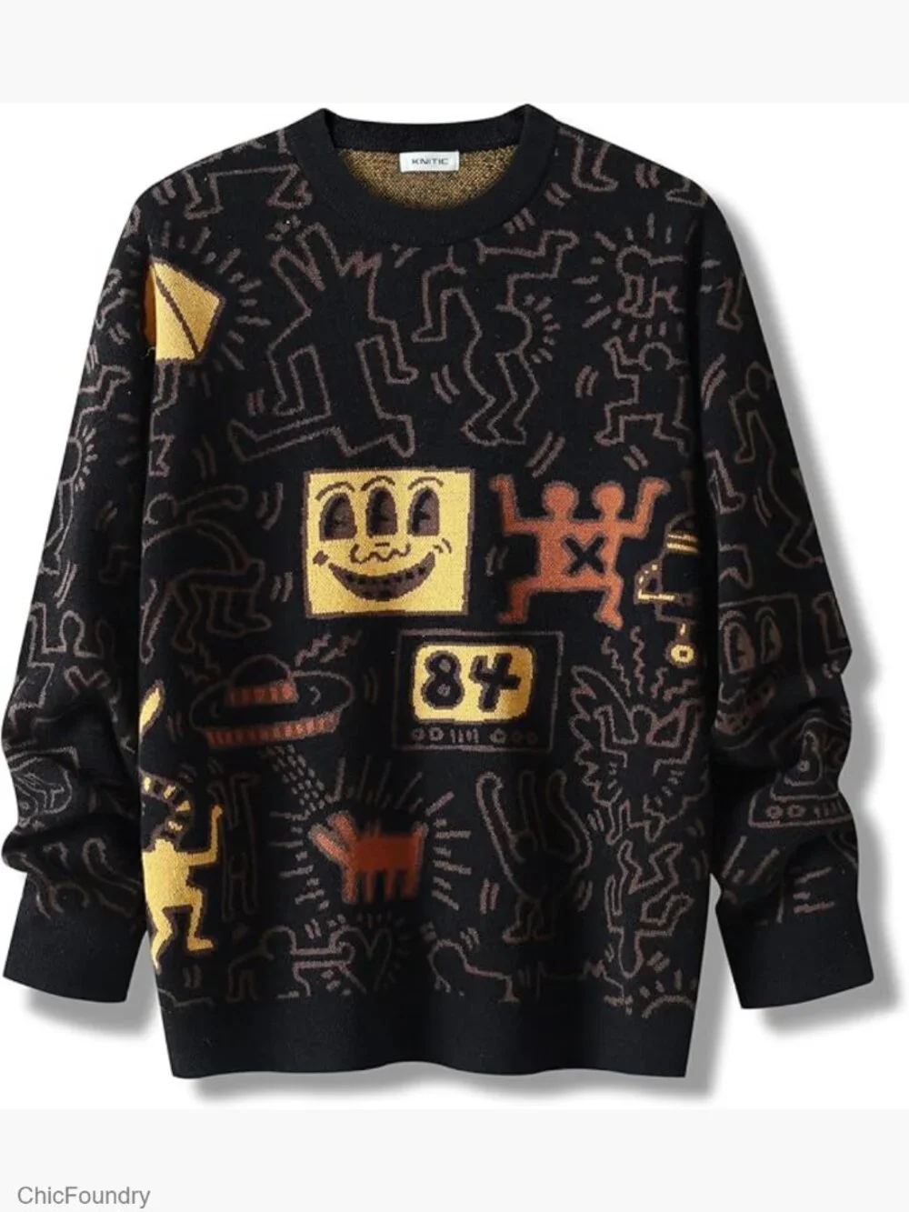 Men's Oversized Graffiti Graphic Knit Pullover Sweater Crewneck